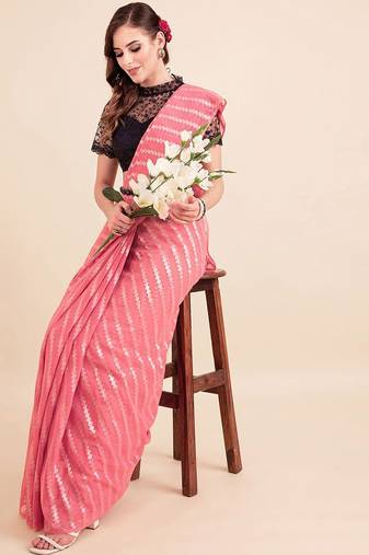 Pink pink-coloured poly chiffon striped leheriya embellished saree