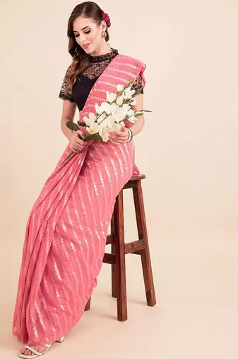 Pink pink-coloured poly chiffon striped leheriya embellished saree