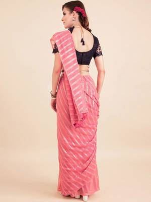 Pink pink-coloured poly chiffon striped leheriya embellished saree 2