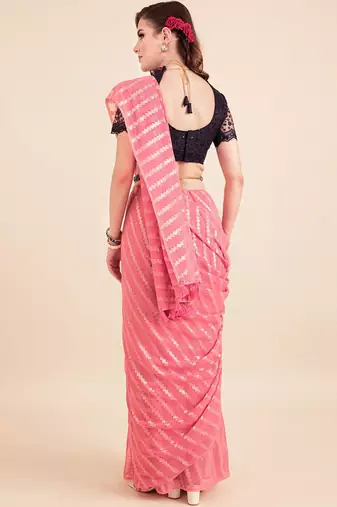 Pink pink-coloured poly chiffon striped leheriya embellished saree