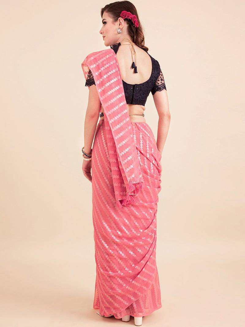 Pink pink-coloured poly chiffon striped leheriya embellished saree