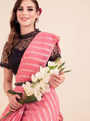 Pink pink-coloured poly chiffon striped leheriya embellished saree 3