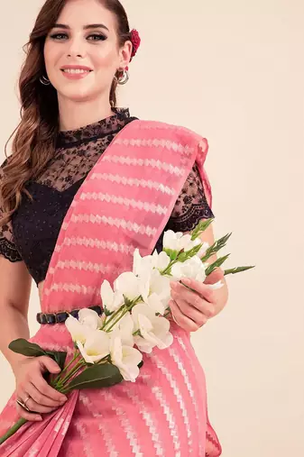 Pink pink-coloured poly chiffon striped leheriya embellished saree