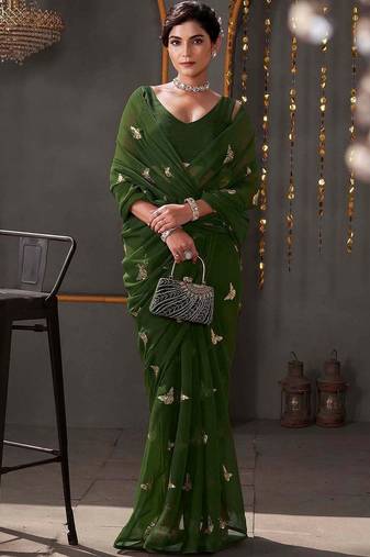 Green georgette sequence embroideried blouse piece & sarees