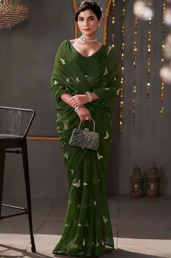 Green georgette sequence embroideried blouse piece & sarees