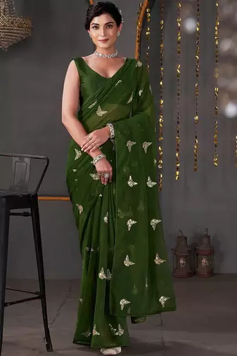 Green georgette sequence embroideried blouse piece & sarees