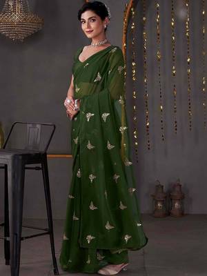 Green georgette sequence embroideried blouse piece & sarees 3