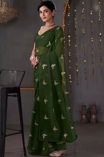 Green georgette sequence embroideried blouse piece & sarees