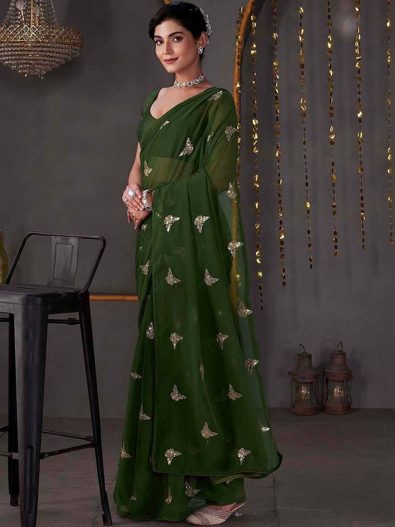 Green georgette sequence embroideried blouse piece & sarees