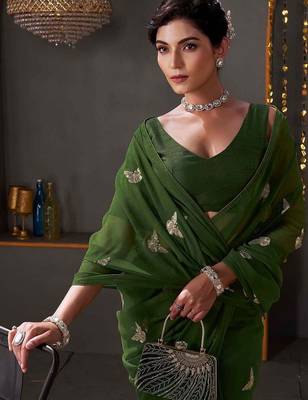 Green georgette sequence embroideried blouse piece & sarees 4