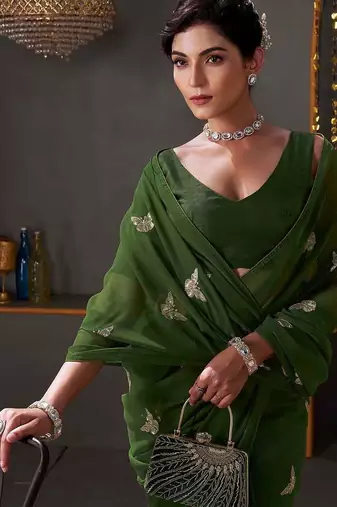 Green georgette sequence embroideried blouse piece & sarees