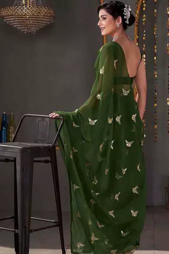 Green georgette sequence embroideried blouse piece & sarees