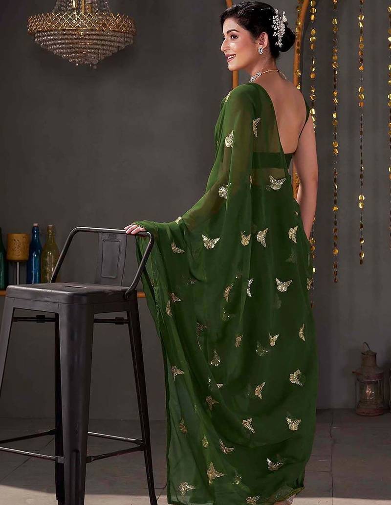 Green georgette sequence embroideried blouse piece & sarees