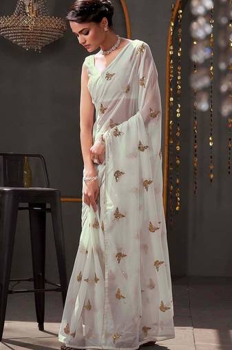 White georgette sequence embroideried blouse piece & sarees