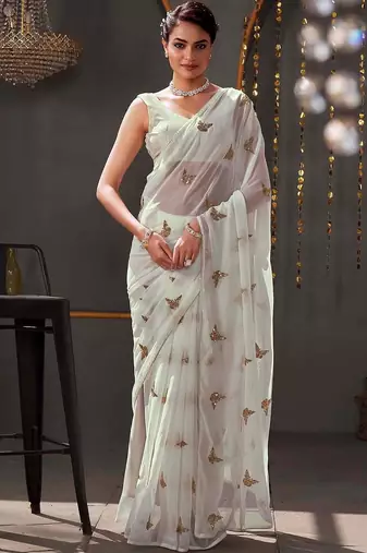 White georgette sequence embroideried blouse piece & sarees