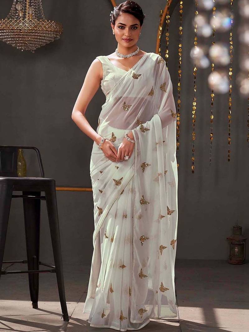 White georgette sequence embroideried blouse piece & sarees