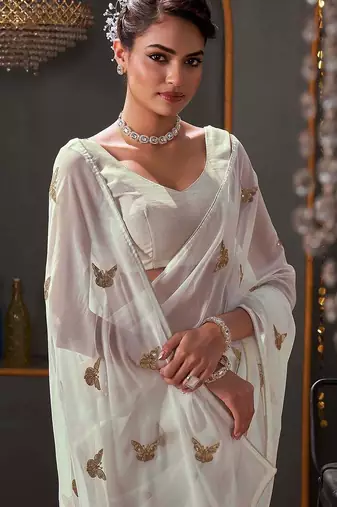 White georgette sequence embroideried blouse piece & sarees