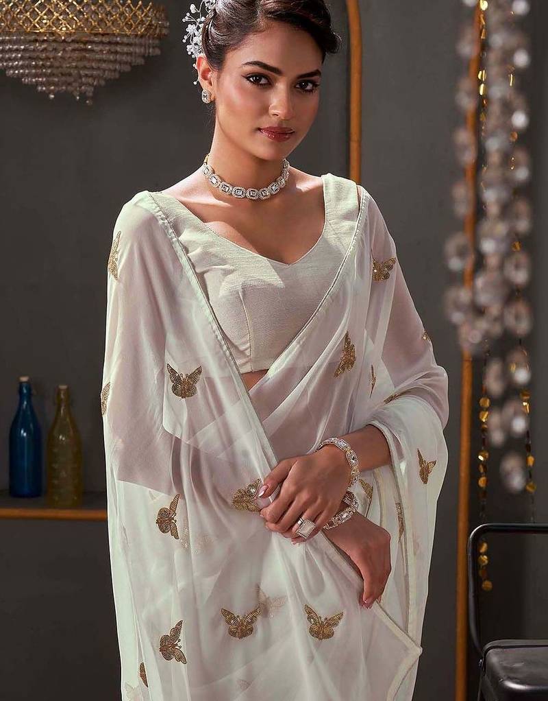 White georgette sequence embroideried blouse piece & sarees