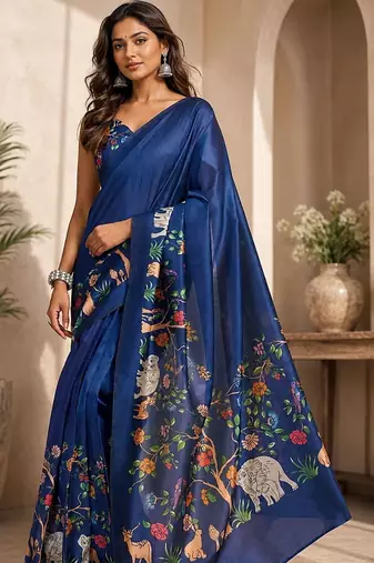Navy blue navy blue printed chanderi cotton ready to wear saree