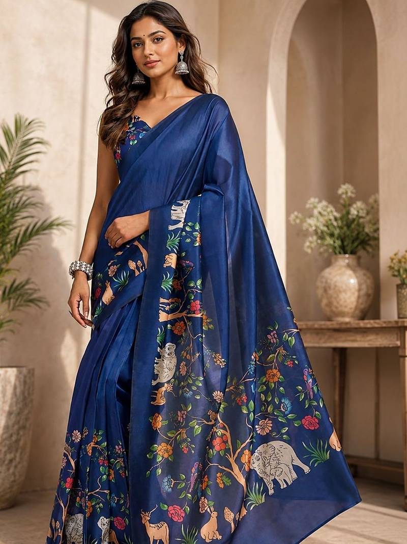 Navy blue navy blue printed chanderi cotton ready to wear saree