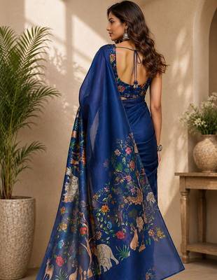 Navy blue navy blue printed chanderi cotton ready to wear saree 2