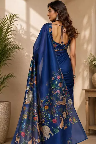 Navy blue navy blue printed chanderi cotton ready to wear saree