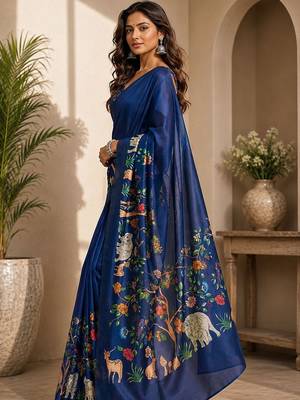 Navy blue navy blue printed chanderi cotton ready to wear saree 3