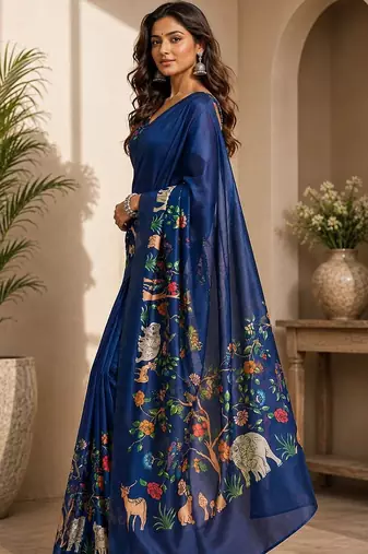 Navy blue navy blue printed chanderi cotton ready to wear saree