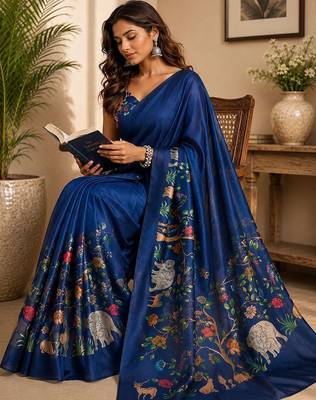 Navy blue navy blue printed chanderi cotton ready to wear saree 4