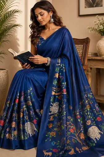 Navy blue navy blue printed chanderi cotton ready to wear saree