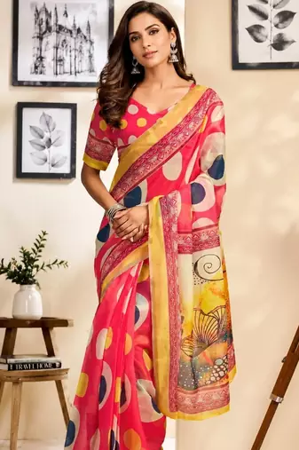 Pink pink printed chanderi cotton ready to wear saree