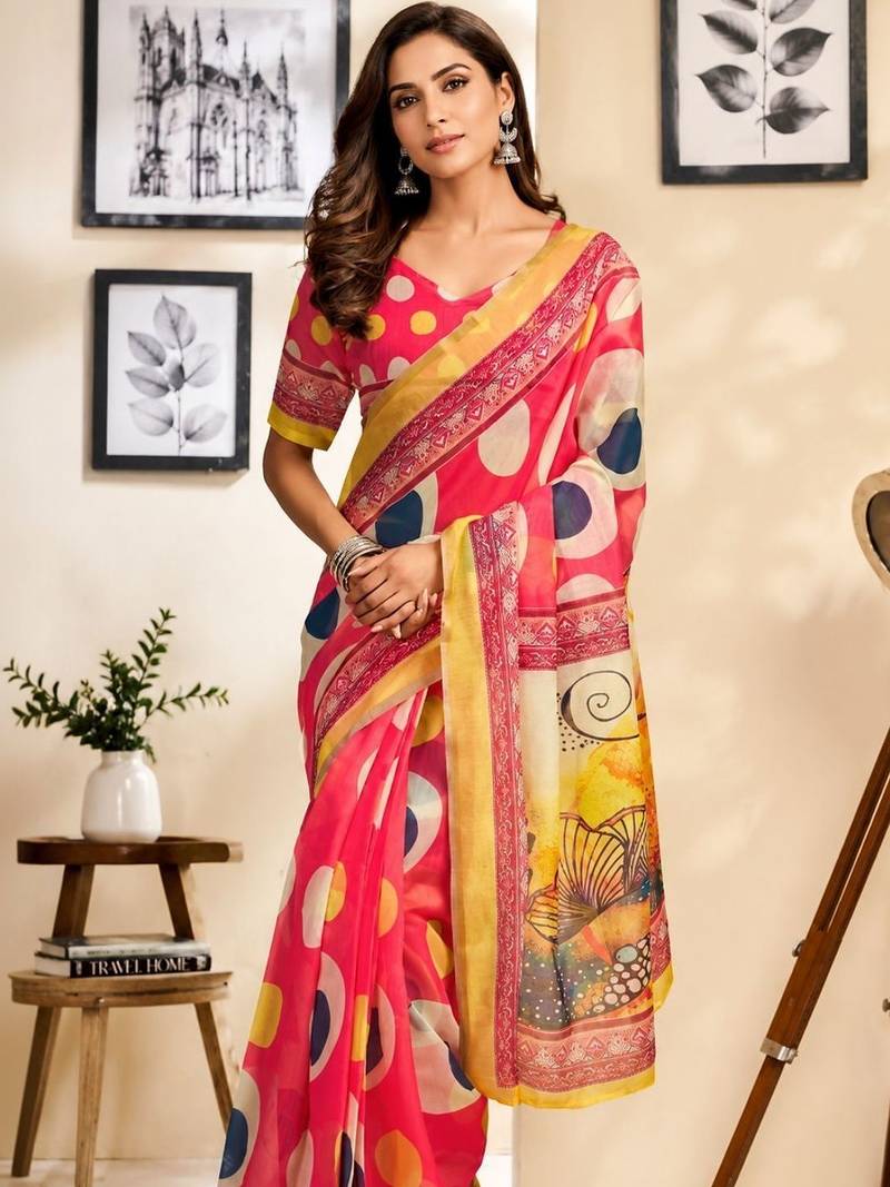 Pink pink printed chanderi cotton ready to wear saree