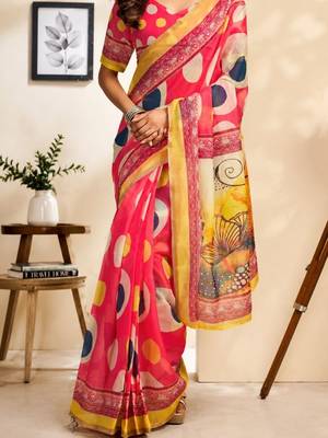 Pink pink printed chanderi cotton ready to wear saree 4