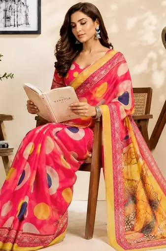 Pink pink printed chanderi cotton ready to wear saree