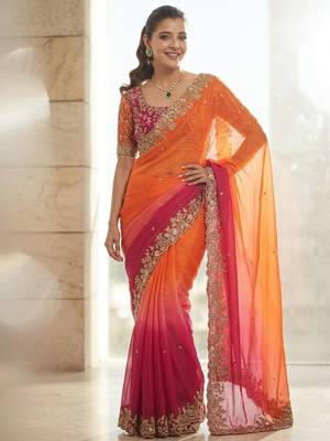 Orange embroidered sarees with unstitched blouse piece 1