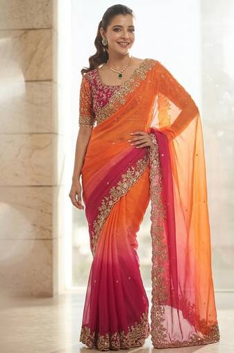Orange embroidered sarees with unstitched blouse piece