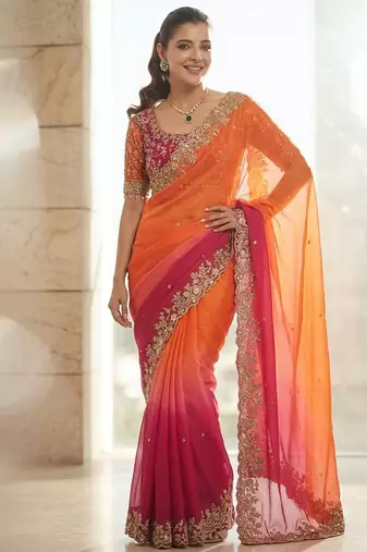 Orange embroidered sarees with unstitched blouse piece