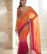 Orange embroidered sarees with unstitched blouse piece