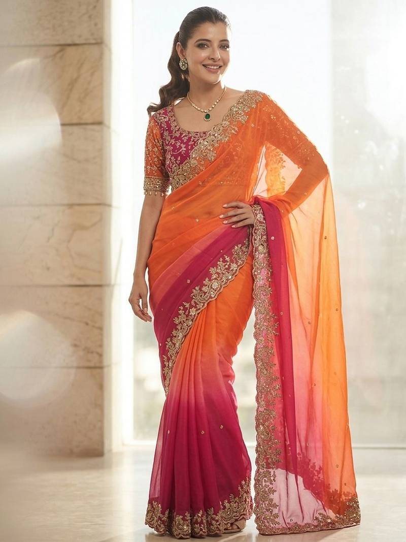 Orange embroidered sarees with unstitched blouse piece