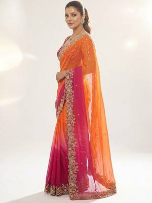 Orange embroidered sarees with unstitched blouse piece 2