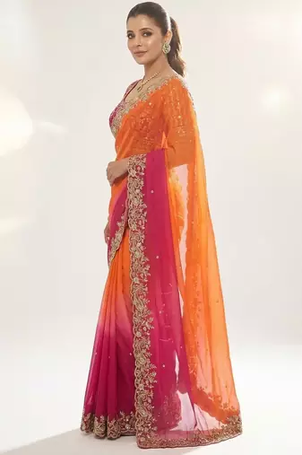 Orange embroidered sarees with unstitched blouse piece