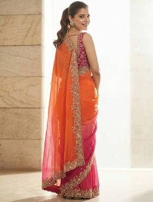 Orange embroidered sarees with unstitched blouse piece 3
