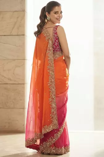 Orange embroidered sarees with unstitched blouse piece