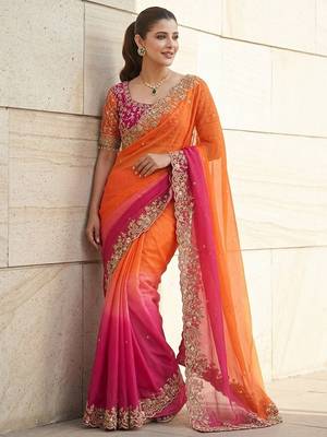 Orange embroidered sarees with unstitched blouse piece 4
