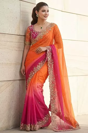Orange embroidered sarees with unstitched blouse piece