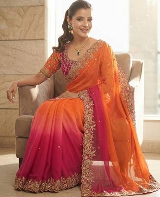 Orange embroidered sarees with unstitched blouse piece 5