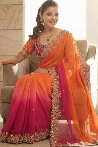 Orange embroidered sarees with unstitched blouse piece