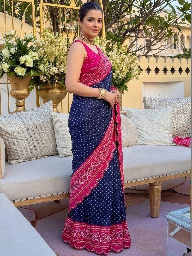 Navy blue bandhani  georgette bandhani saree