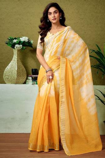 Yellow tie & dye printed  linen ready to wear saree with unstitched blouse