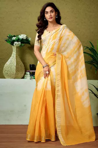 Yellow tie & dye printed  linen ready to wear saree with unstitched blouse